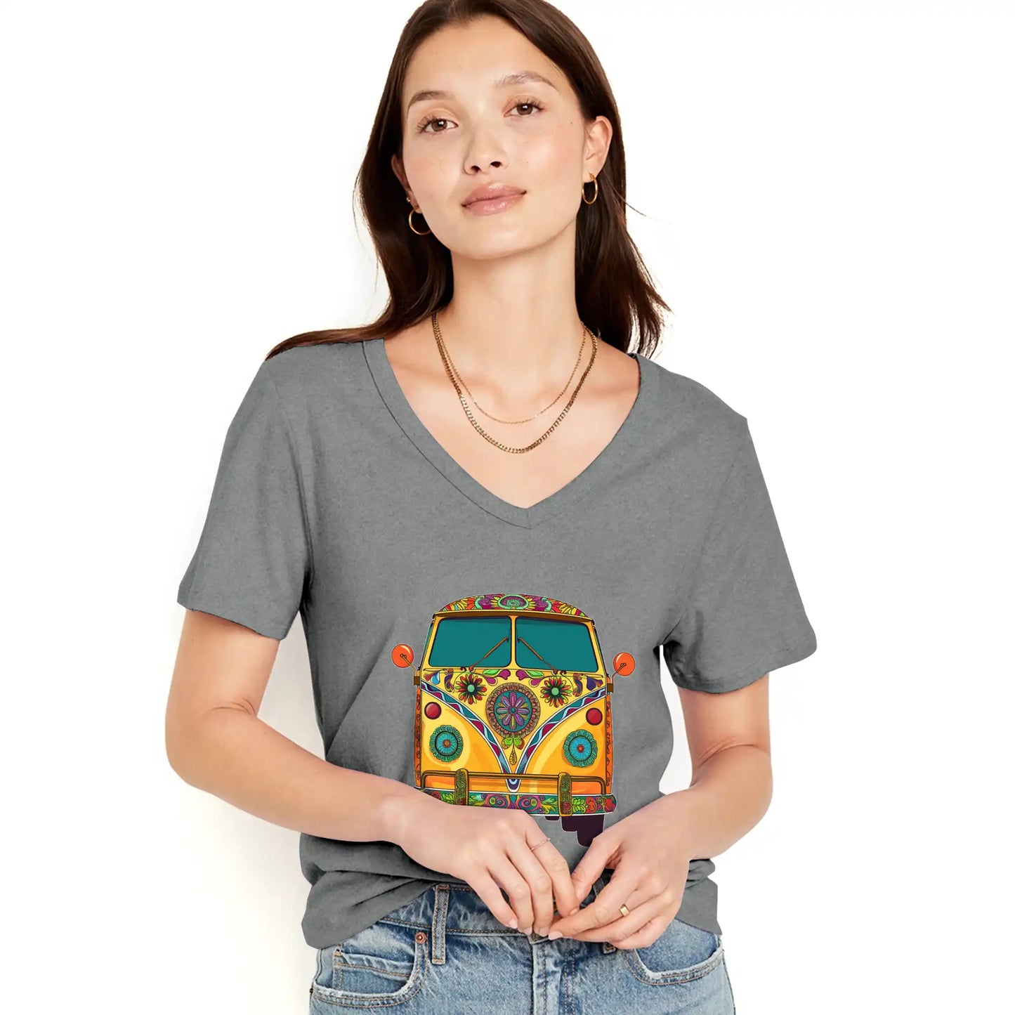 Shineful Women V-Neck T-Shirt Groovy Hippie Van Vibes for a Retro Journey