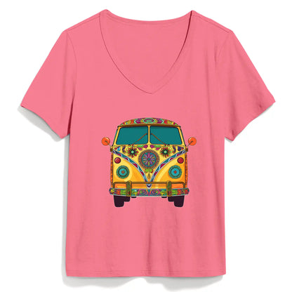 Shineful Women V-Neck T-Shirt Groovy Hippie Van Vibes for a Retro Journey