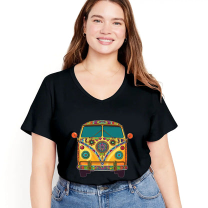 Shineful Women V-Neck T-Shirt Groovy Hippie Van Vibes for a Retro Journey