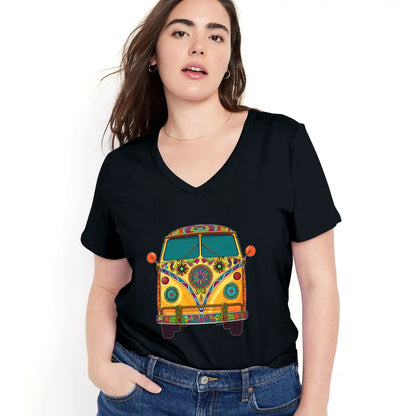 Shineful Women V-Neck T-Shirt Groovy Hippie Van Vibes for a Retro Journey