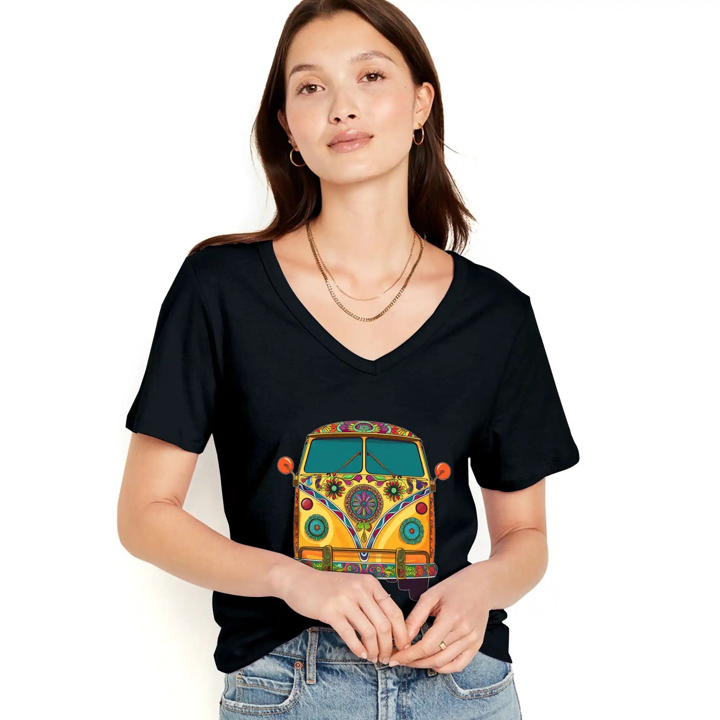 Shineful Women V-Neck T-Shirt Groovy Hippie Van Vibes for a Retro Journey