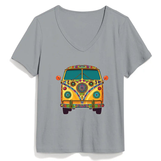 Shineful Damen V-Ausschnitt T-Shirt Groovy Hippie Van Vibes für eine Retro-Reise