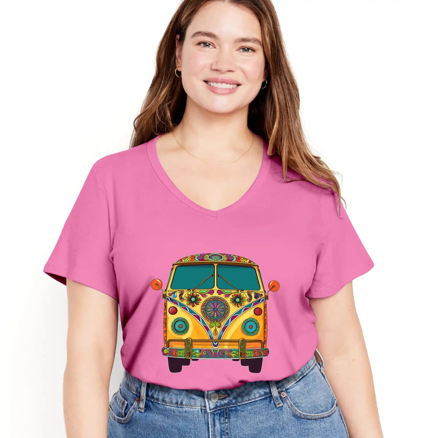 Shineful Women V-Neck T-Shirt Groovy Hippie Van Vibes for a Retro Journey