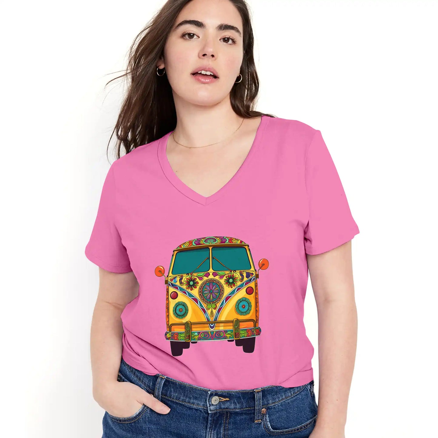 Shineful Women V-Neck T-Shirt Groovy Hippie Van Vibes for a Retro Journey