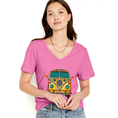 Shineful Women V-Neck T-Shirt Groovy Hippie Van Vibes for a Retro Journey