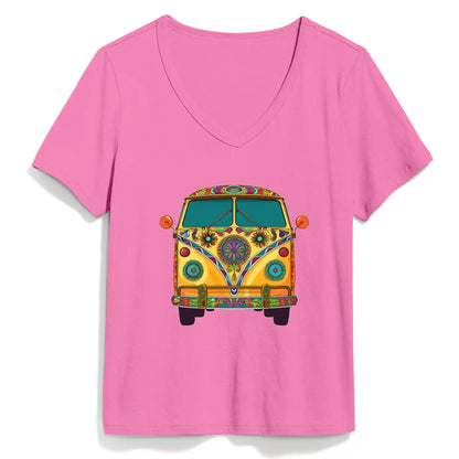 Shineful Women V-Neck T-Shirt Groovy Hippie Van Vibes for a Retro Journey