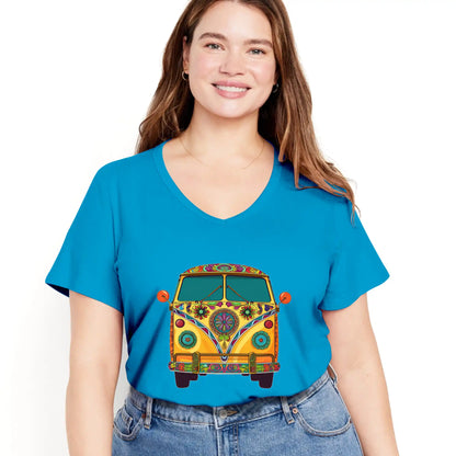 Shineful Women V-Neck T-Shirt Groovy Hippie Van Vibes for a Retro Journey