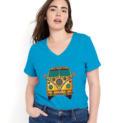 Shineful Women V-Neck T-Shirt Groovy Hippie Van Vibes for a Retro Journey