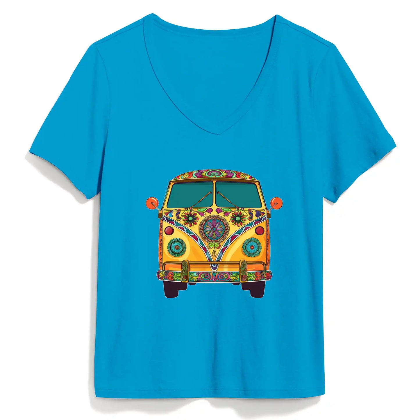 Shineful Women V-Neck T-Shirt Groovy Hippie Van Vibes for a Retro Journey