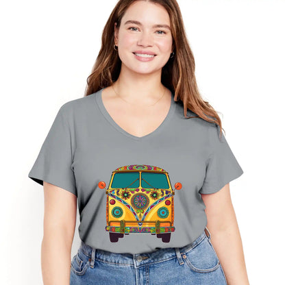 Shineful Women V-Neck T-Shirt Groovy Hippie Van Vibes for a Retro Journey