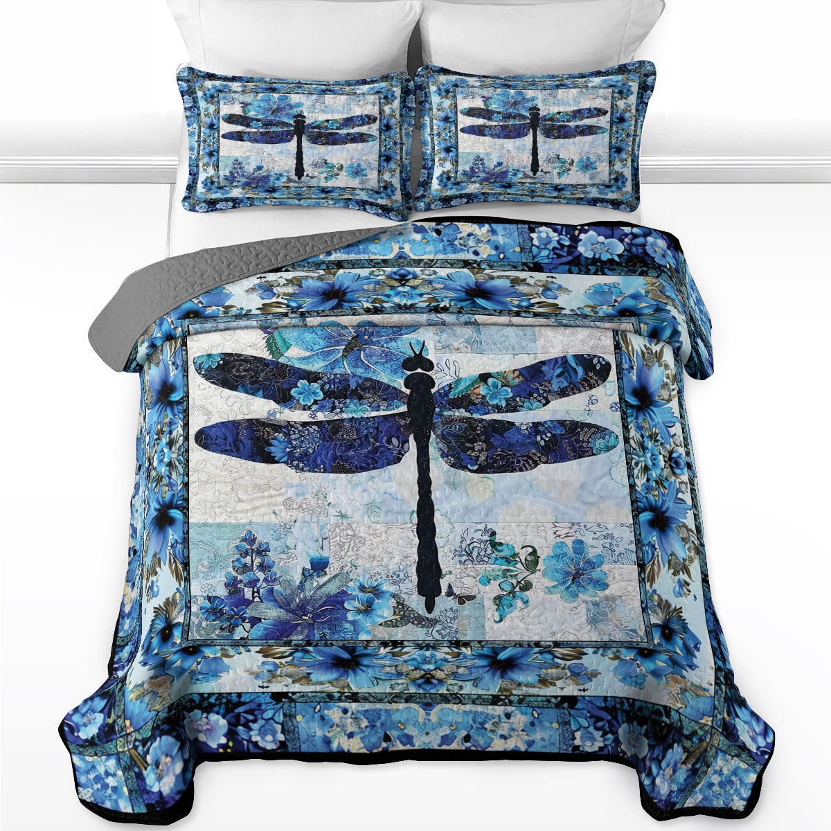 Shineful All Season Quilt 3-Piece Set Blue Serenity Dragonfly