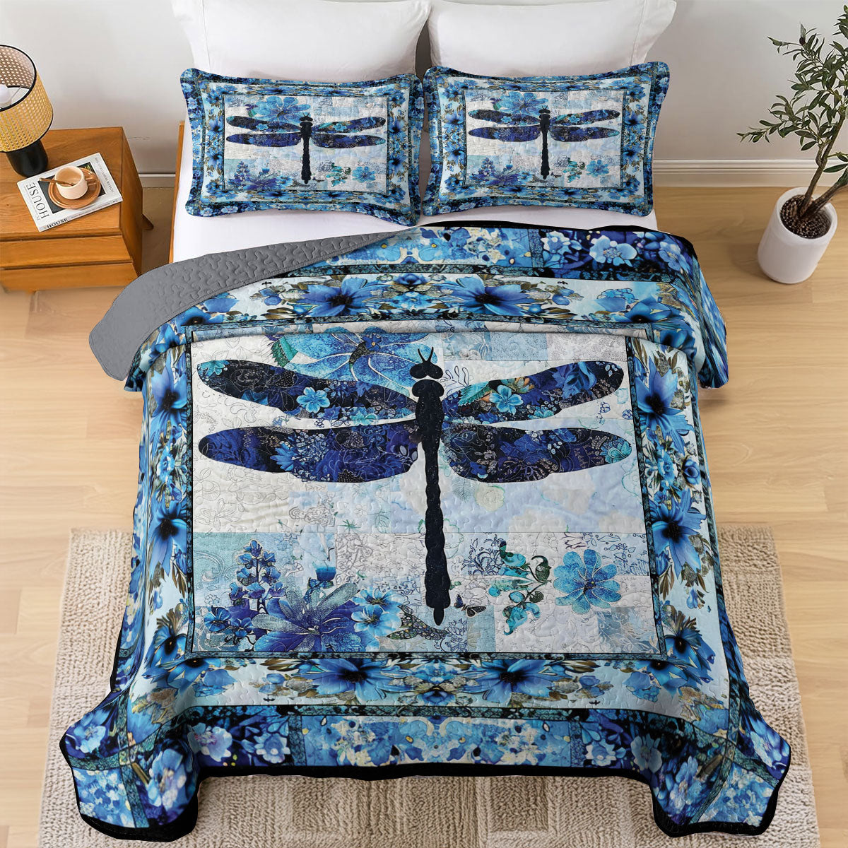 Shineful All Season Quilt 3-Piece Set Blue Serenity Dragonfly