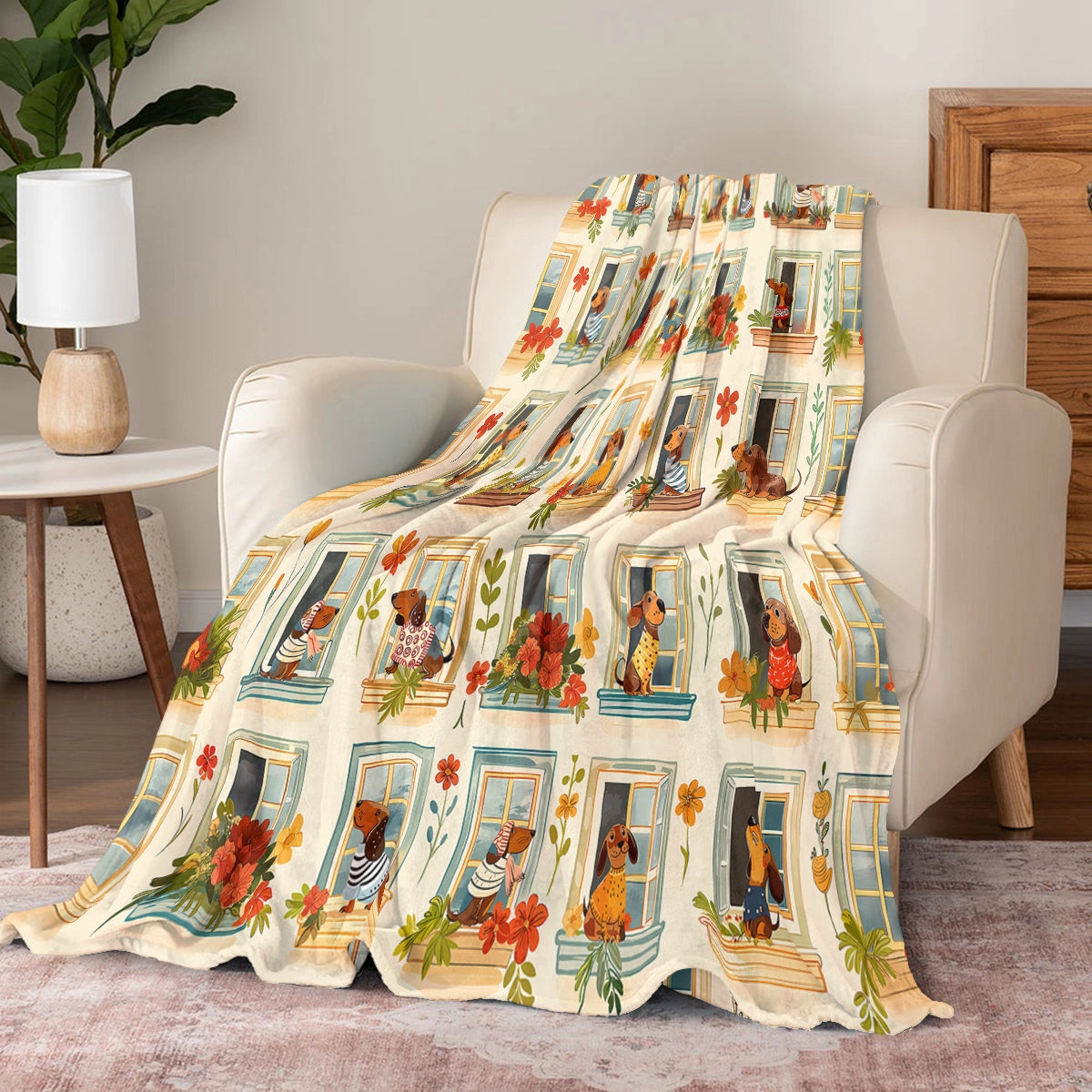 Shineful Fleece Blanket Dachshund windows