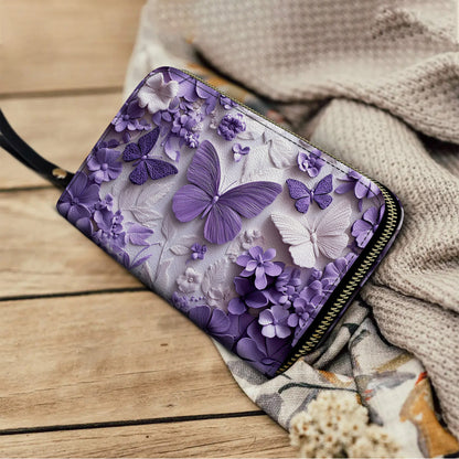 Shineful Leather Clutch Purse With Wristlet Strap Handle Violet Flutterby Dreams