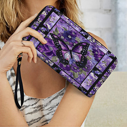 Shineful Leather Clutch Purse With Wristlet Strap Handle Gorgeous Purple Butterfly Flowers