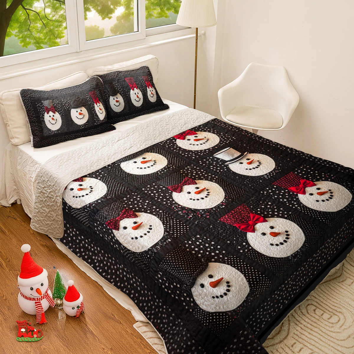 Shineful All Season Quilt 3-Piece Set Elegant Snowman Bowtie