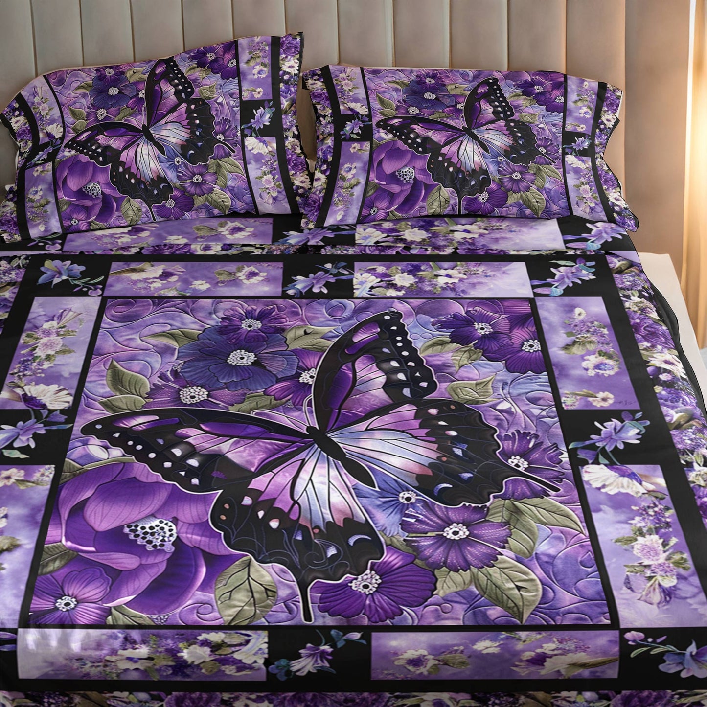 Shineful 4-Piece Bed Sheet Set Gorgeous Purple Butterfly Flowers