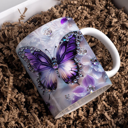 Tasse en céramique brillante et élégante avec papillon violet en cristal