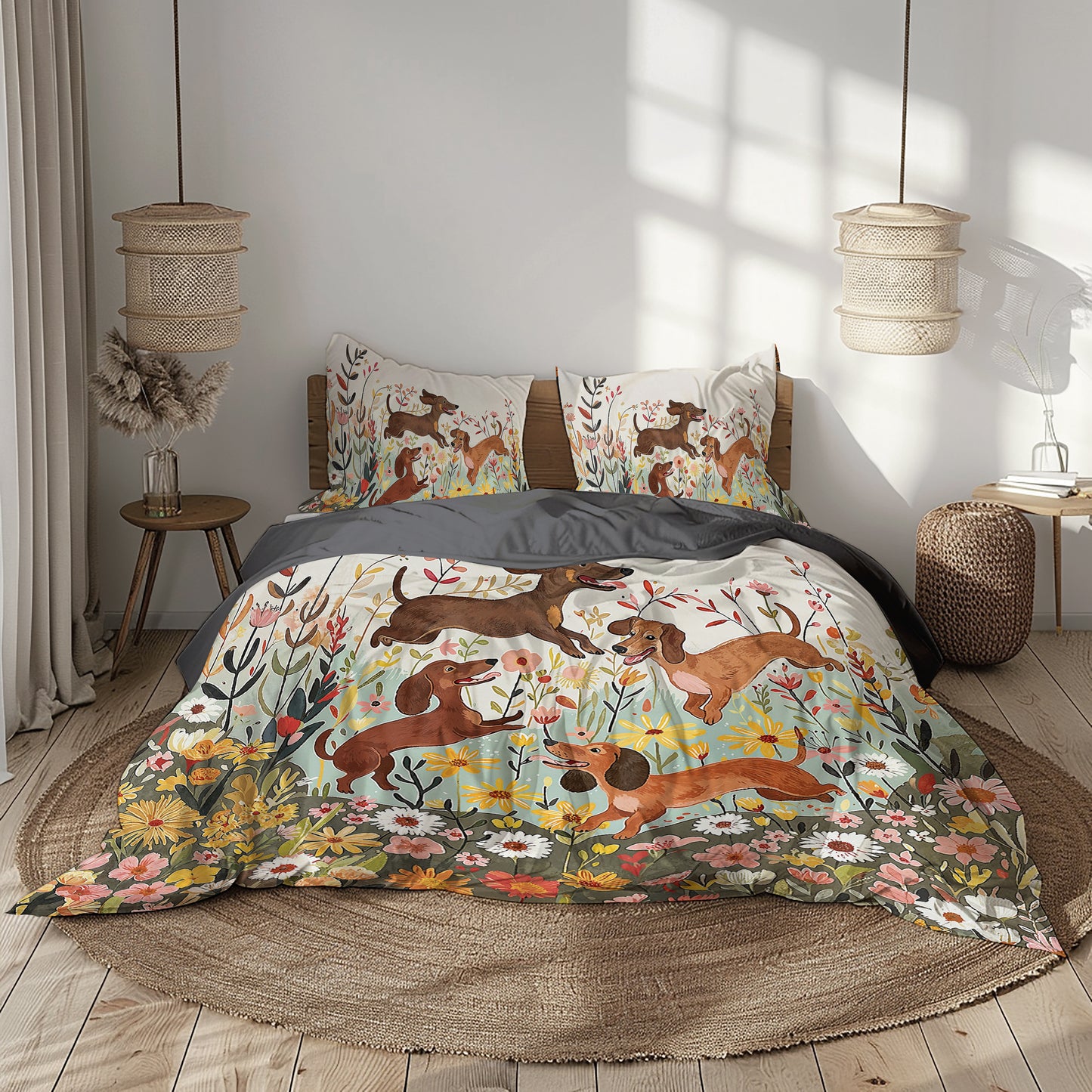 Shineful 3 Pieces Duvet Cover Set - Dachshund Floral