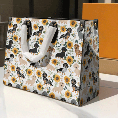 Glänzende Ledertasche Dackel &amp; Sonnenblumen