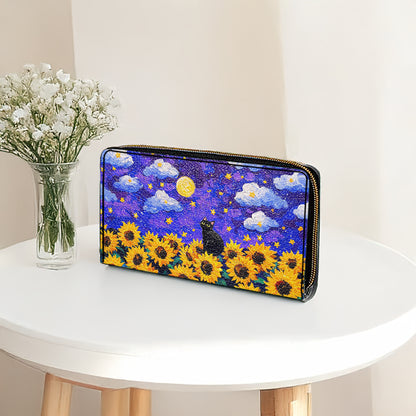 Shineful Leather Clutch Purse With Wristlet Strap Handle Starry Cat With Sunflower