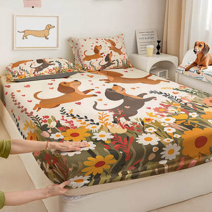 Shineful Fitted Sheet - Floral Dachshund With Heart