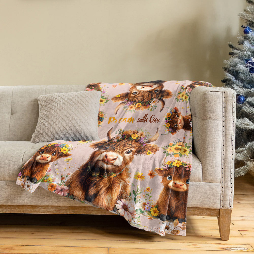 Shineful Fleece Blanket Highland Cow With Flowers