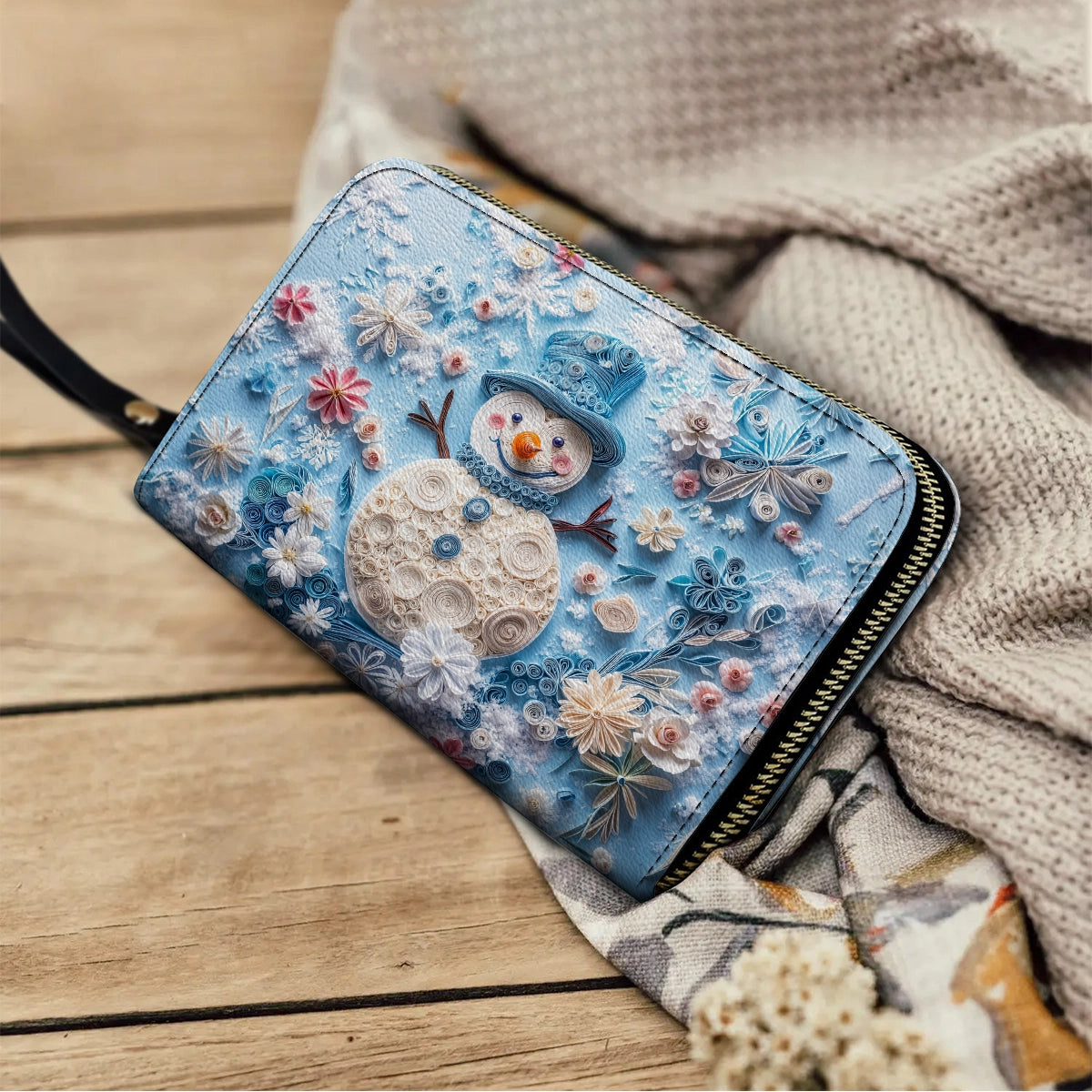 Shineful Leather Clutch Purse With Wristlet Strap Handle Happy Snowman