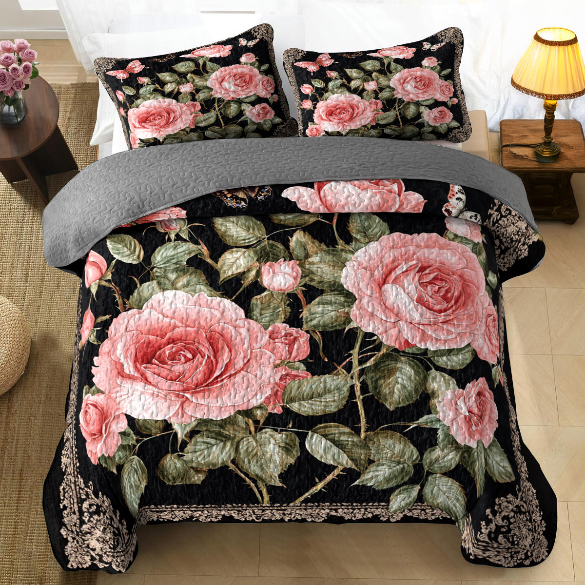 Shineful All Season Quilt 3-Piece Set Elegent Pink Roses And Butterflies