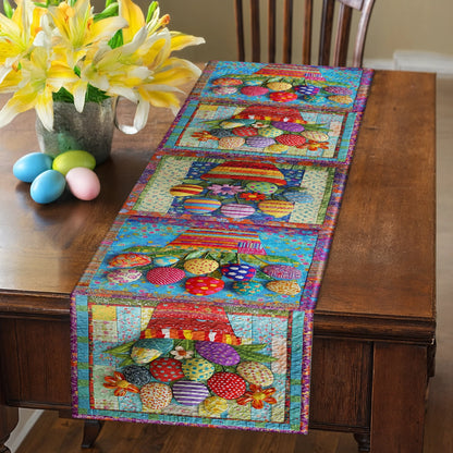 Shineful 2D Flat Print Quilted Table Runner Vibrant Easter Eggs Basket