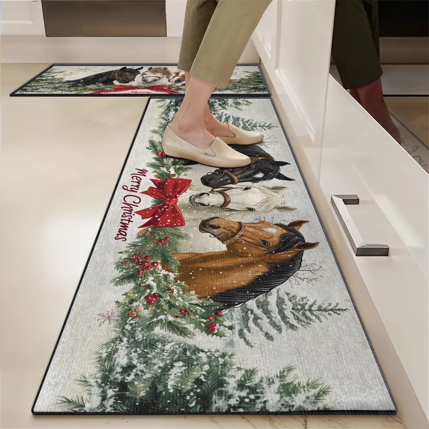 Tapis de sol antidérapant ultra fin et brillant, tapis de cuisine, beau cheval de Noël