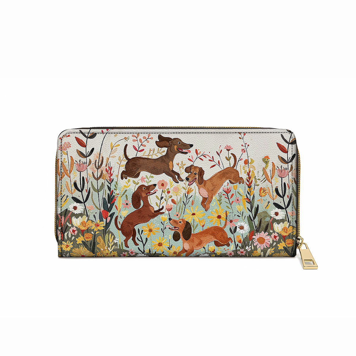 Pochette en cuir brillante avec dragonne et poignée motif teckel floral