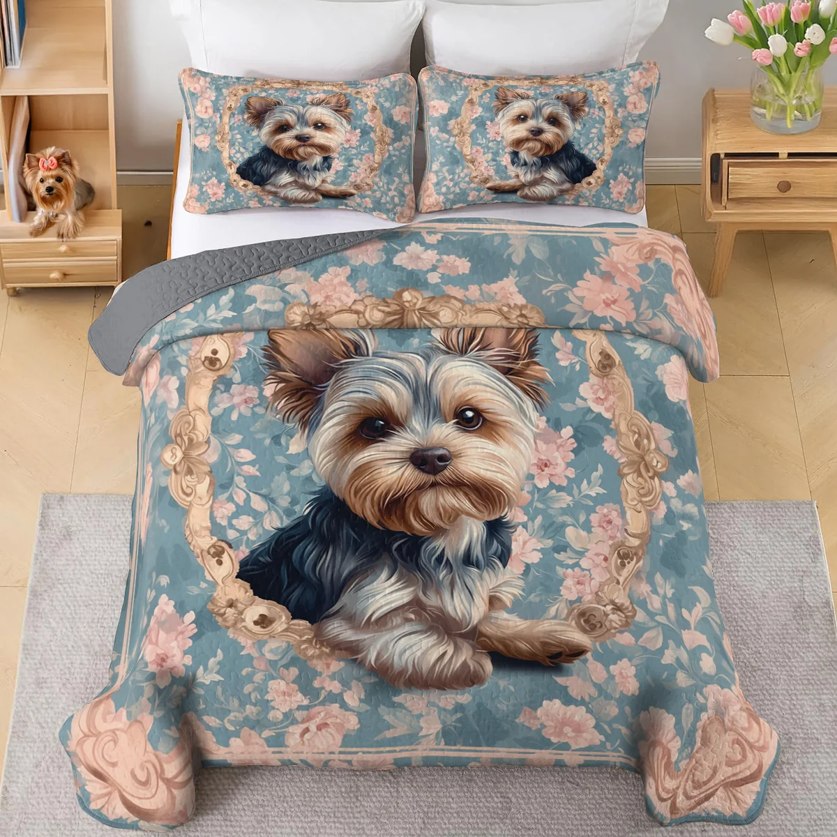 Shineful All Season Quilt 3-Piece Set Yorkie Blossom Elegance