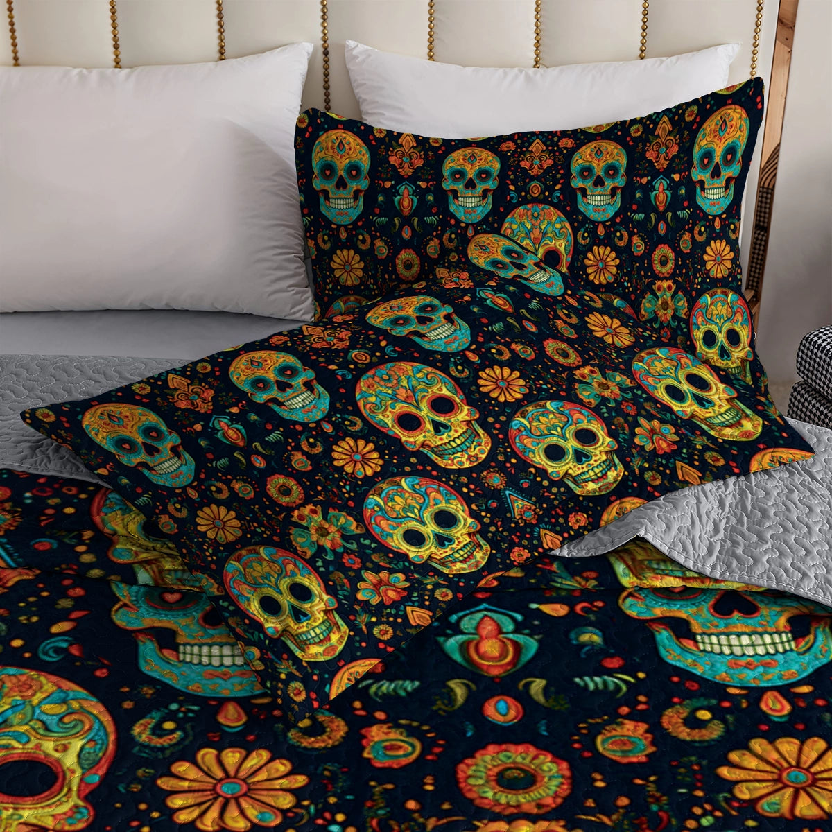 Shineful All Season Quilt 3-Piece Set - Boho Skull Harmony