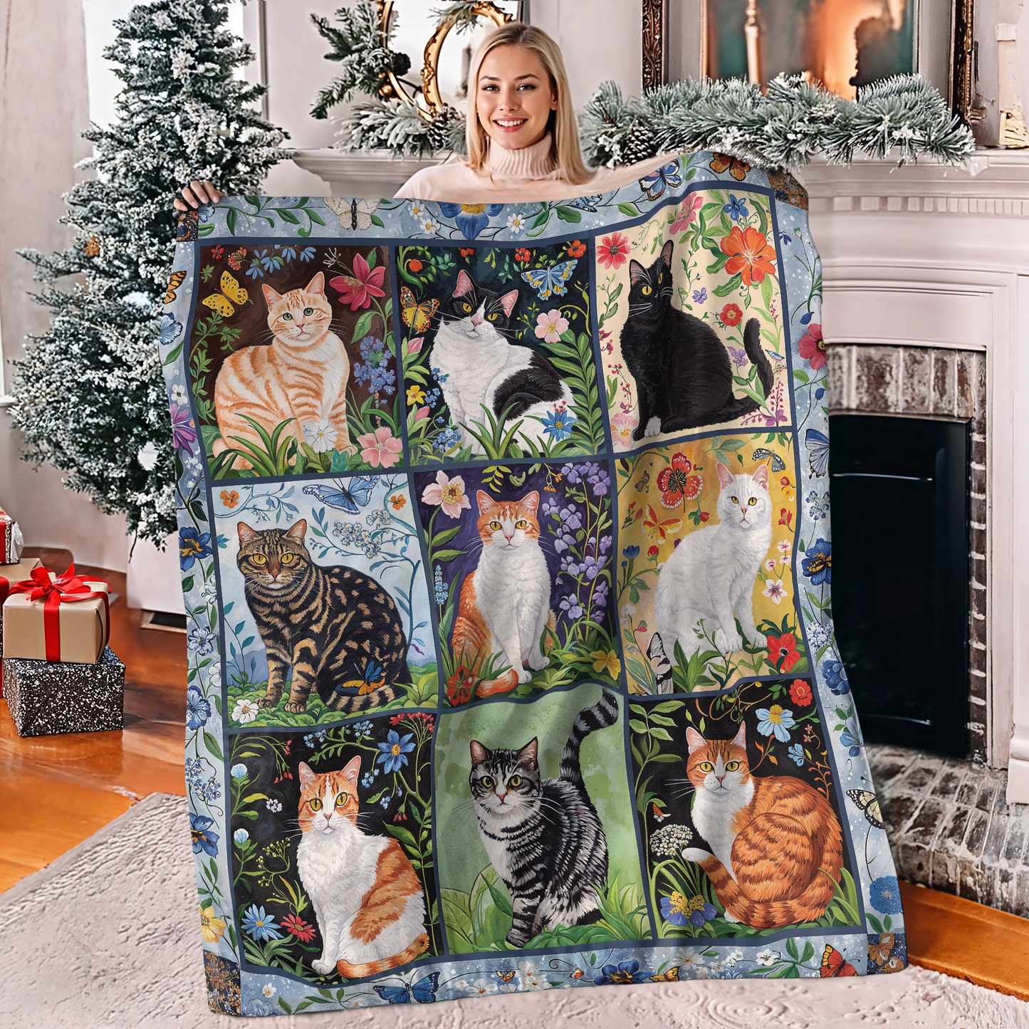 Shineful Fleece Blanket Cat Floral Felines