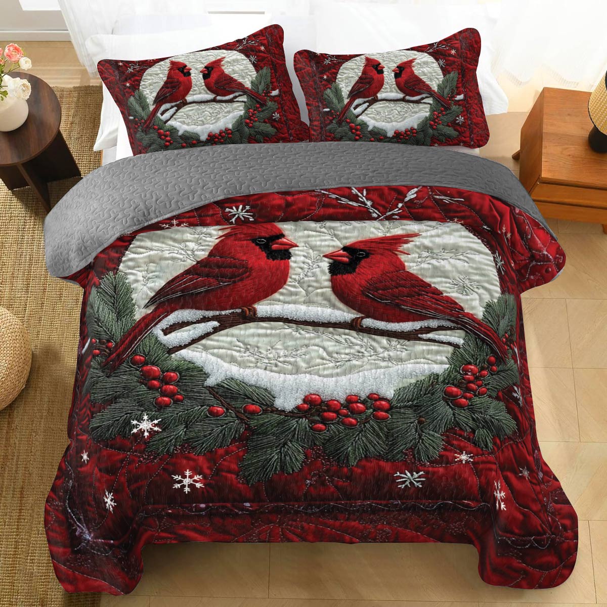 Shineful All Season Quilt 3-Piece Set Cardinal Couple