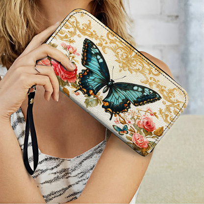Shineful Leather Clutch Purse With Wristlet Strap Handle Butterfly Rose Whisper