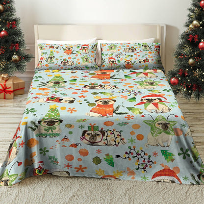 Shineful 4-Piece Bed Sheet Set Santa's Pugs