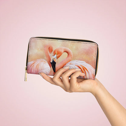 Shineful Leather Clutch Purse With Wristlet Strap Handle Flawlessly Fabulous Flamingo Bliss