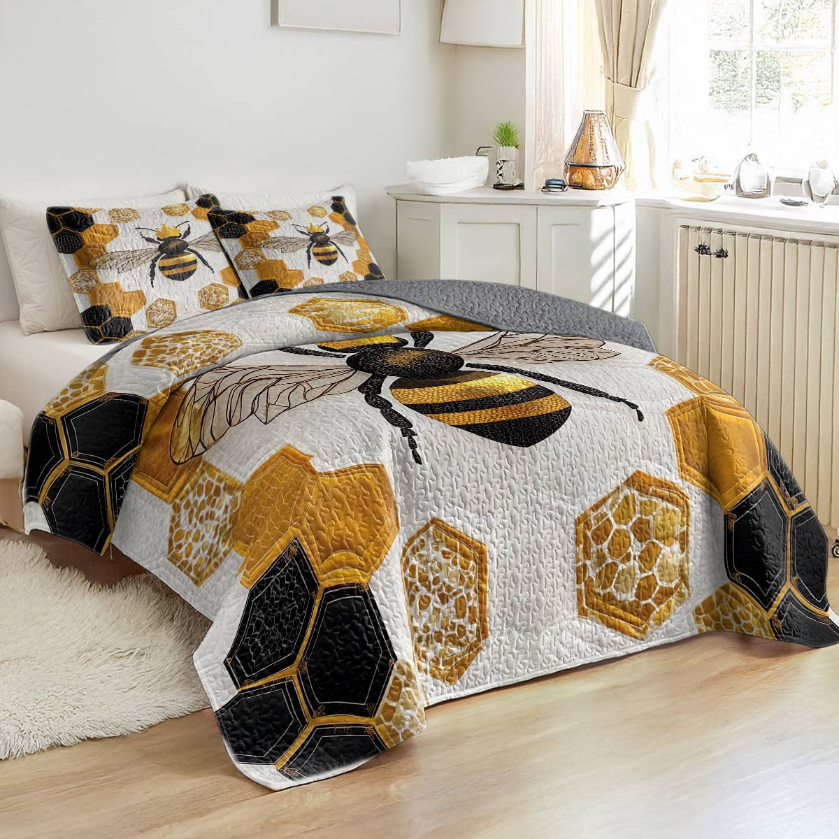 Ensemble de courtepointe toutes saisons Shineful 3 pièces - Queen Bee Honeycomb