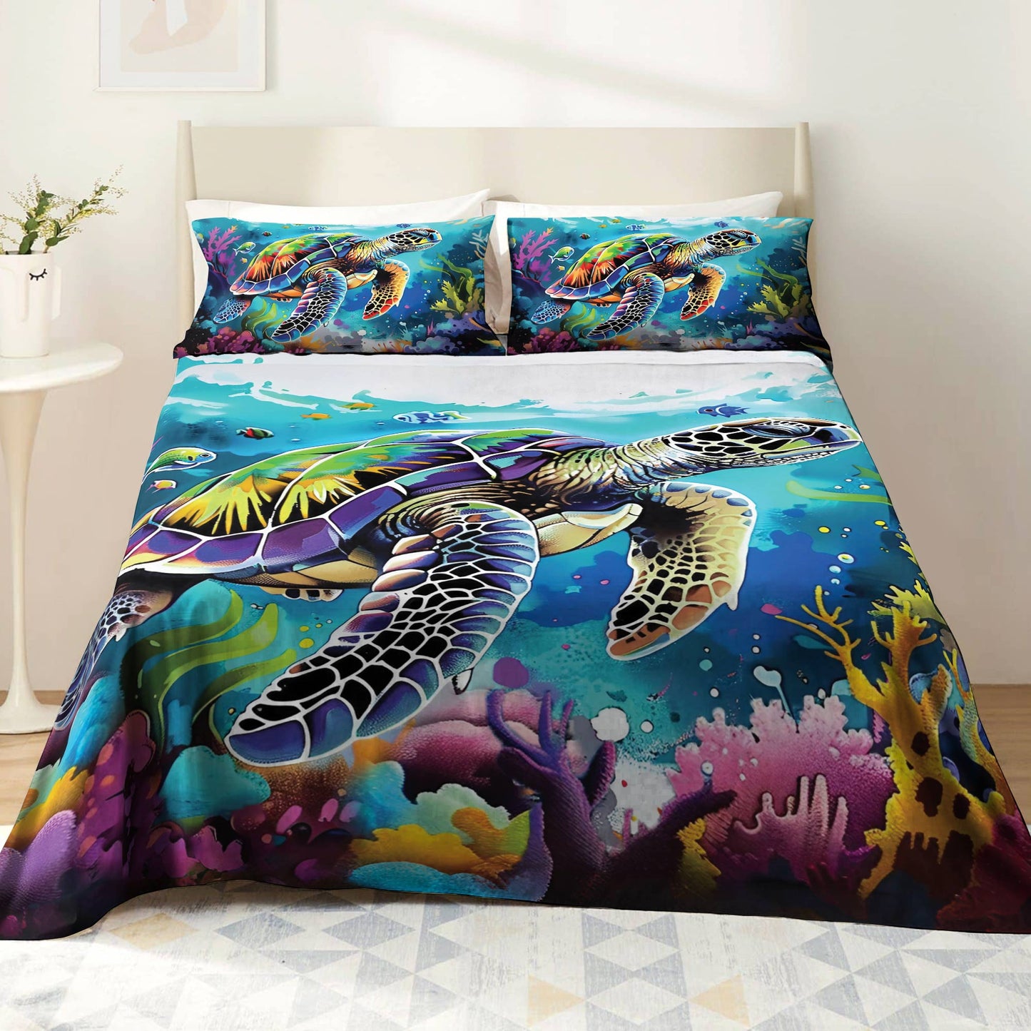 Shineful 4-Piece Bed Sheet Set Neon Sea Turle