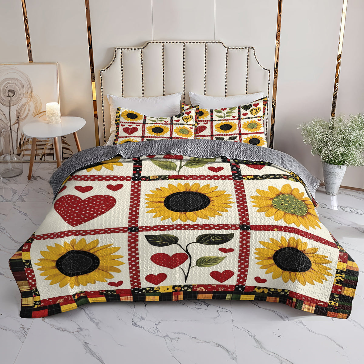 Shineful All Season Quilt 3-Piece Set Heart Sunflower Garden