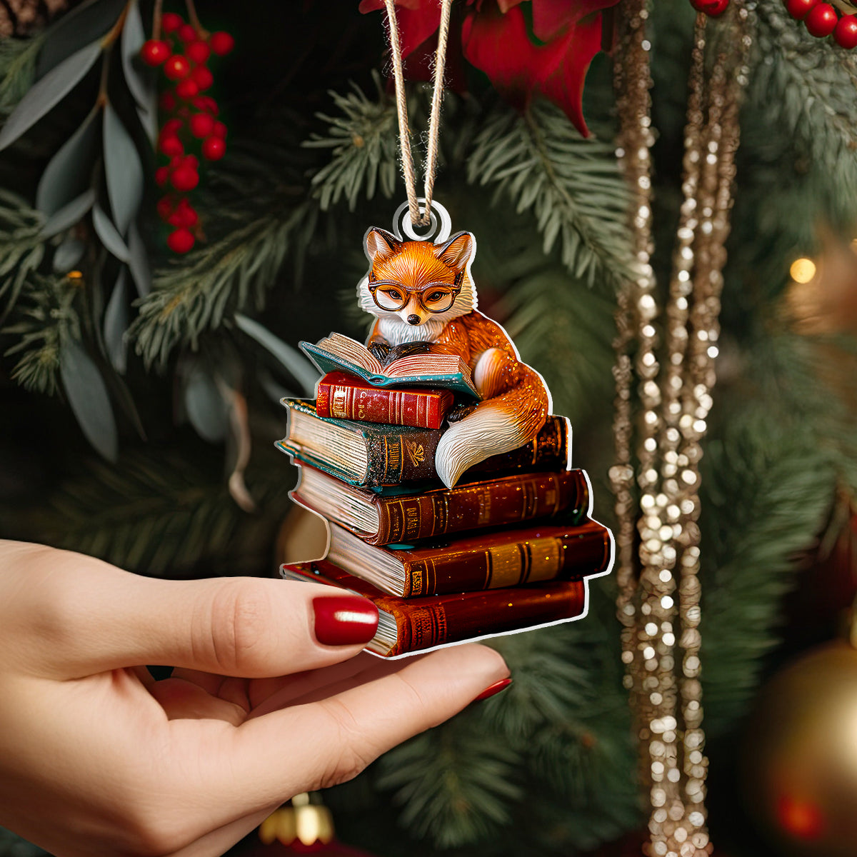 Shineful 2D Acrylic Ornament Fox With Stack of Books