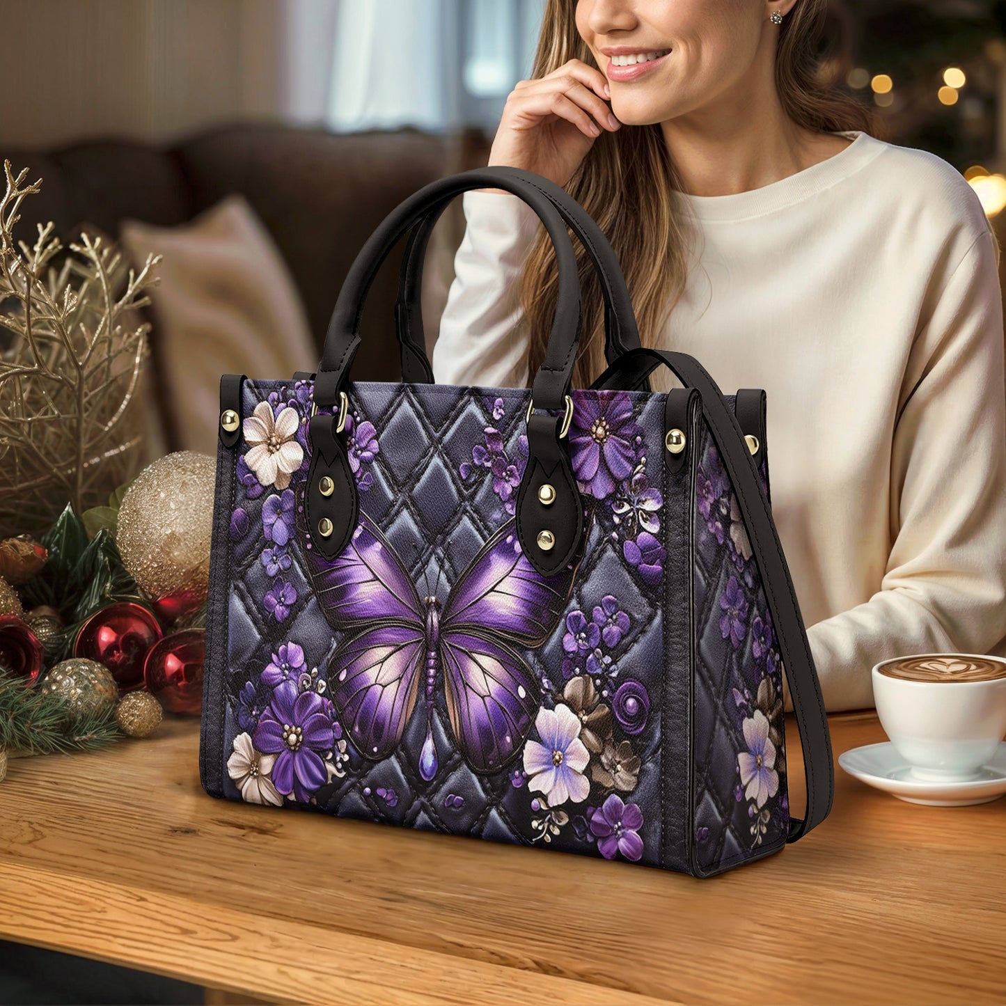 Glänzende Ledertasche Lila Serenity Butterfly