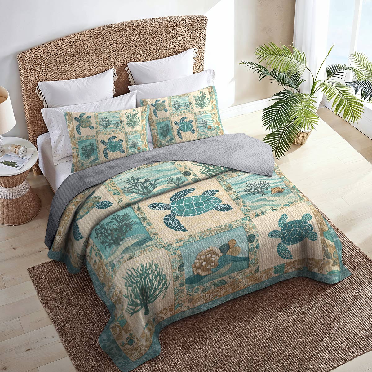 Shineful All Season Quilt 3-Piece Set - AquaMarine Sea Turtle Patchwork