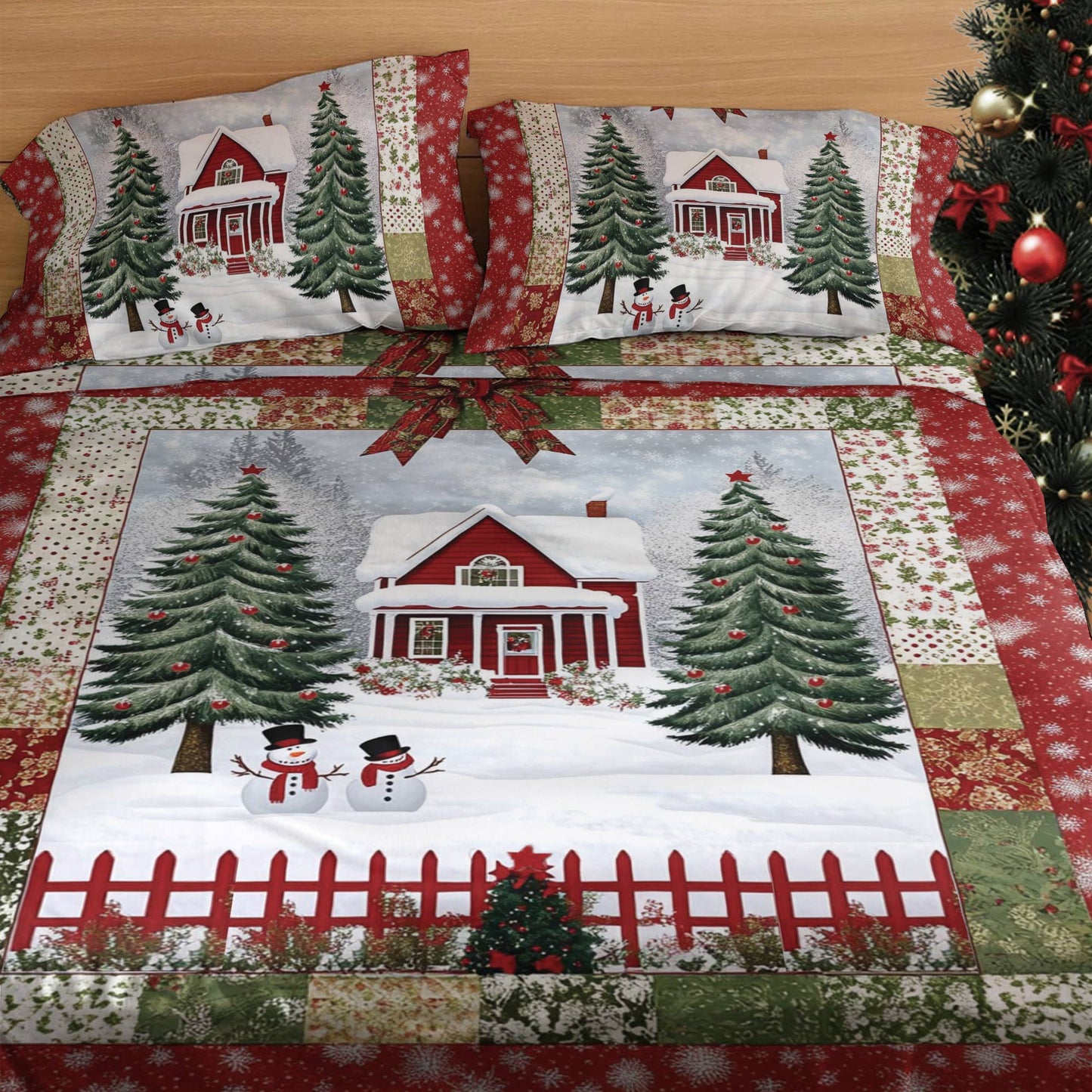 Shineful 4-Piece Bed Sheet Set Snowy Village