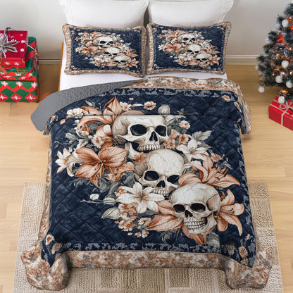 Shineful All Season Quilt 3-Piece Set Elegance Skull and Floral Garden