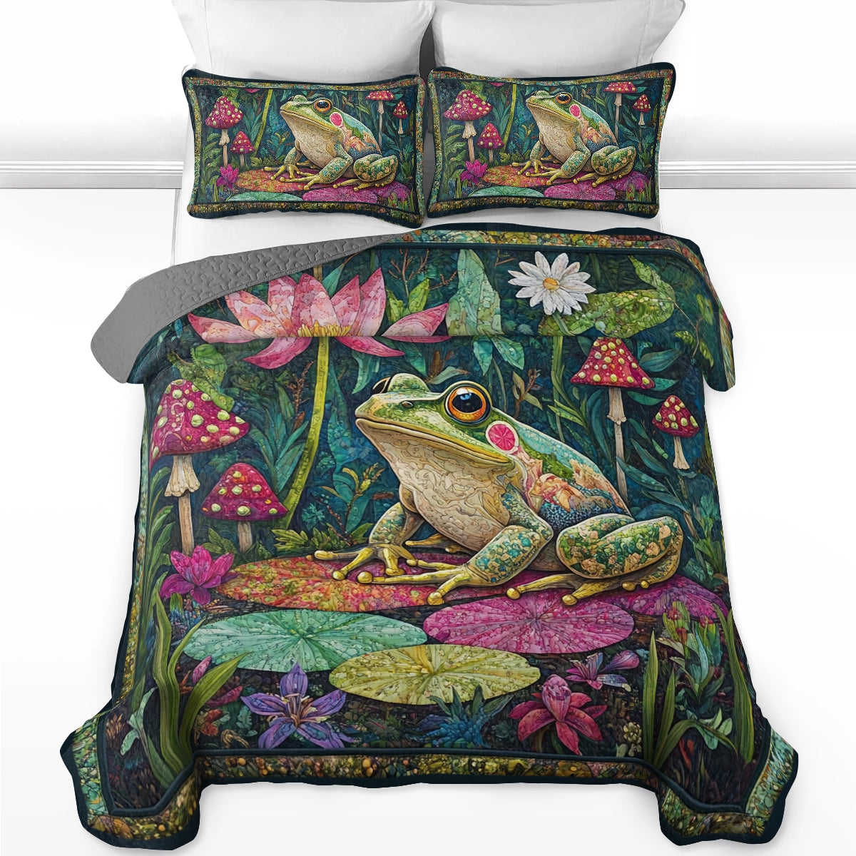 Ensemble de courtepointe toutes saisons Shineful 3 pièces Frog Leafy Retreat