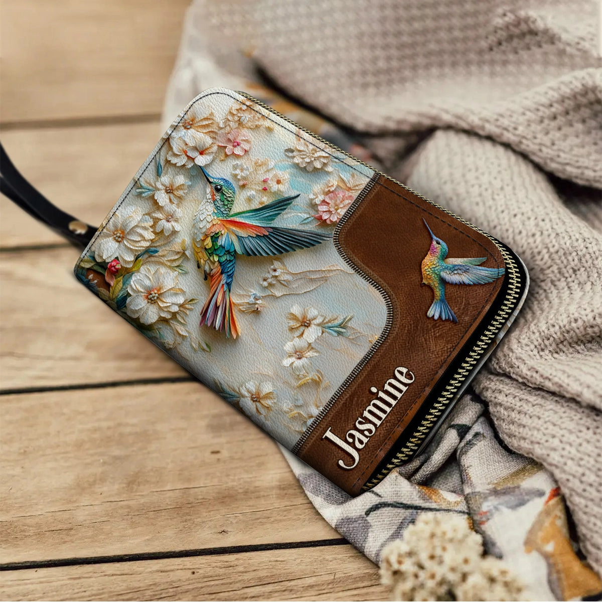 Shineful Leather Clutch Purse With Wristlet Strap Handle Personalized Wings of Bloom