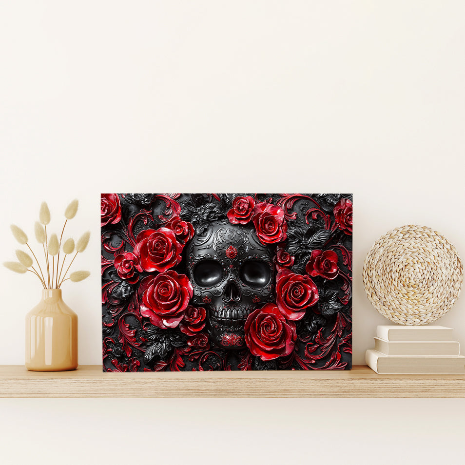 Shineful 2D Metal Sign Skull With Red Roses